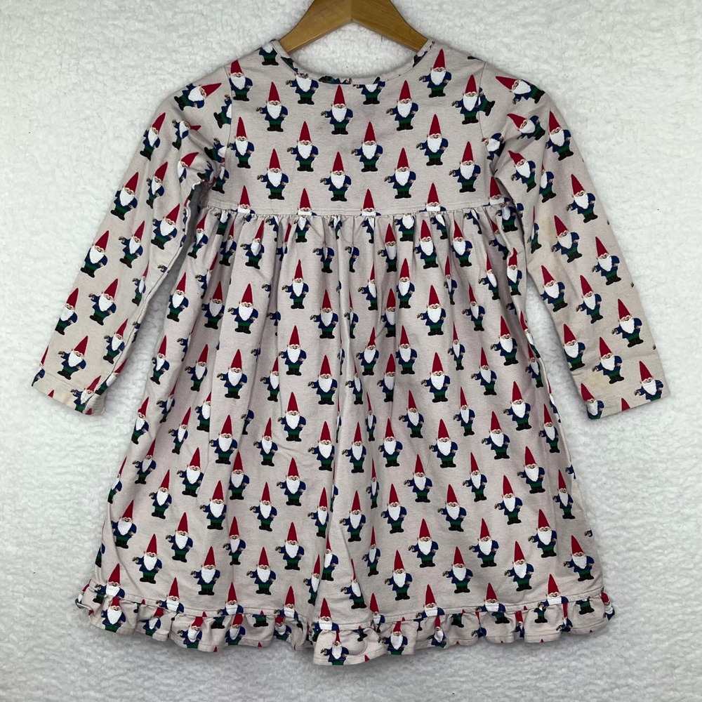 Hanna Andersson Kids Gnome Print Long Sleeve Ruffle Hem Dress Tan Size 110 US 5